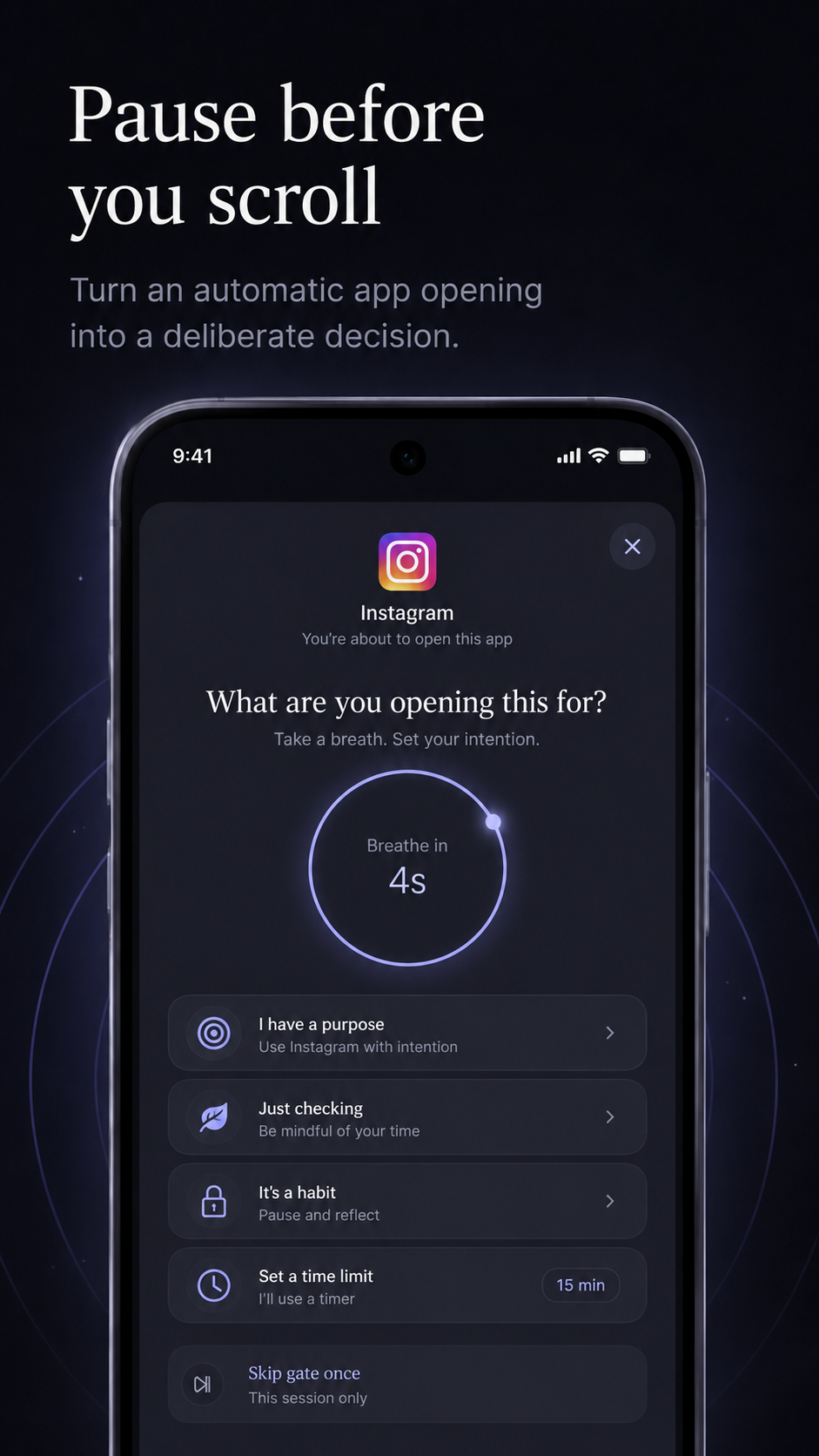 An Intention Gate breathing pause counting down four seconds before a distracting app opens on Android
